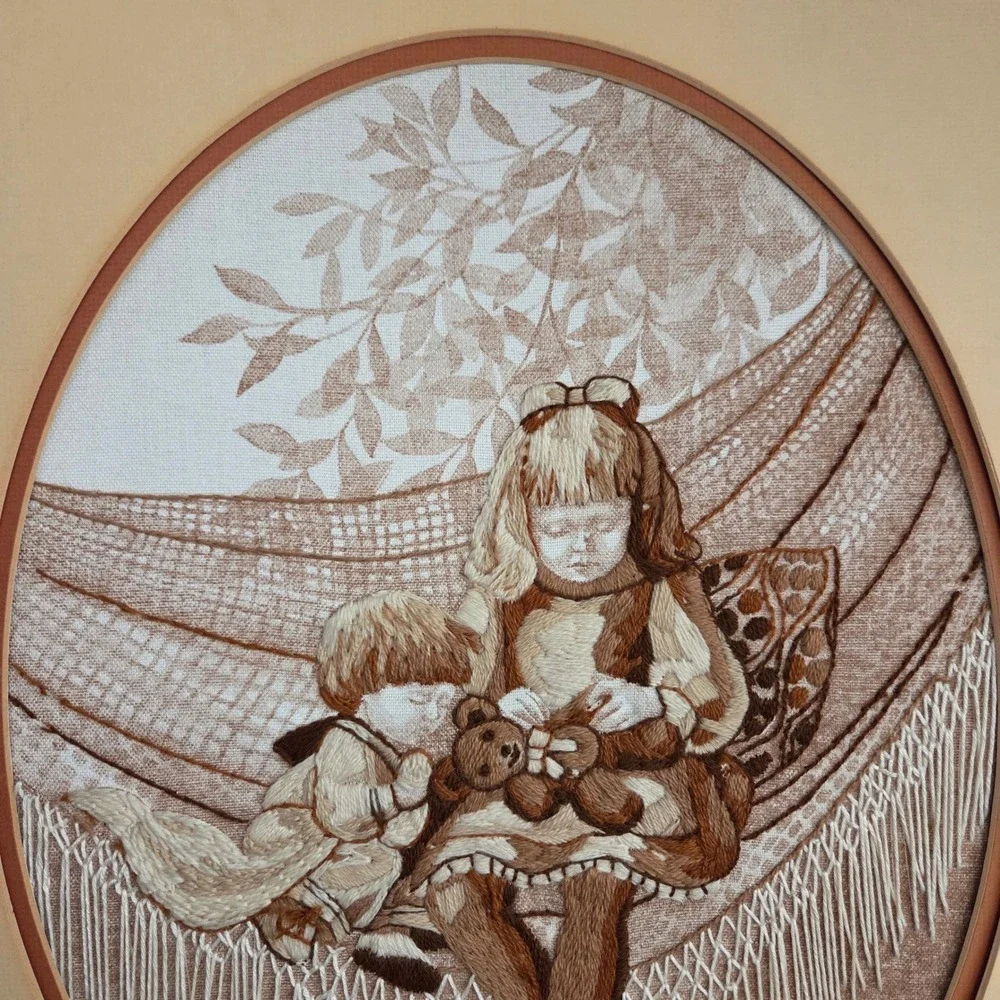 Vintage Crewel Embroidery Framed Art Children in Hammock Teddy Bear Cottagecore